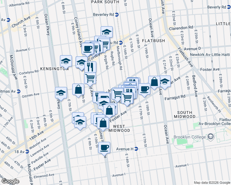 map of restaurants, bars, coffee shops, grocery stores, and more near 1303 Ditmas Avenue in Brooklyn