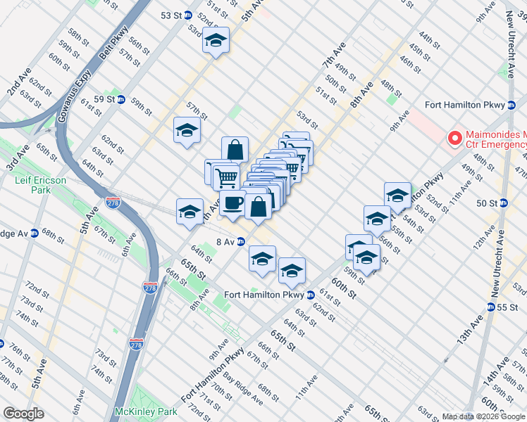 map of restaurants, bars, coffee shops, grocery stores, and more near 750 59th Street in Brooklyn