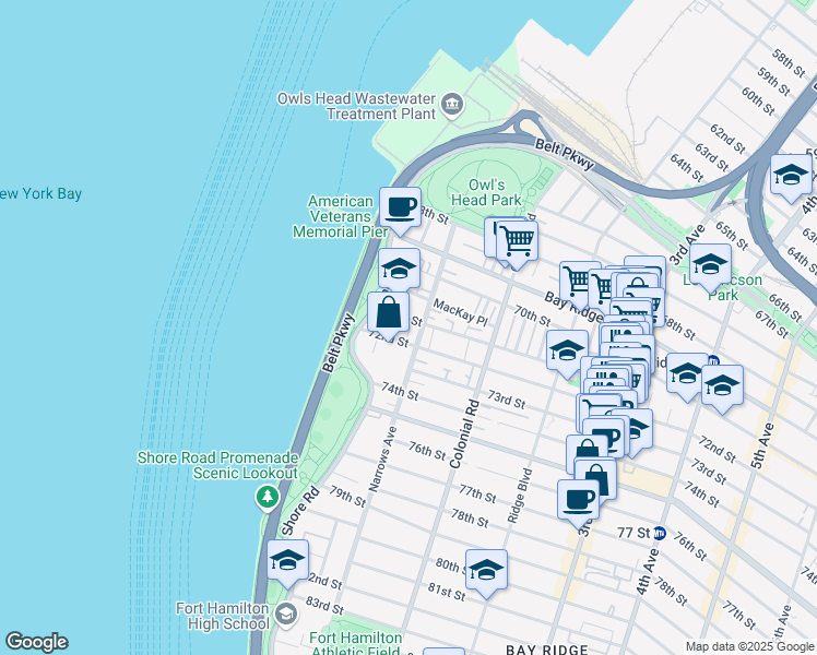 map of restaurants, bars, coffee shops, grocery stores, and more near 7100 Shore Road in Brooklyn