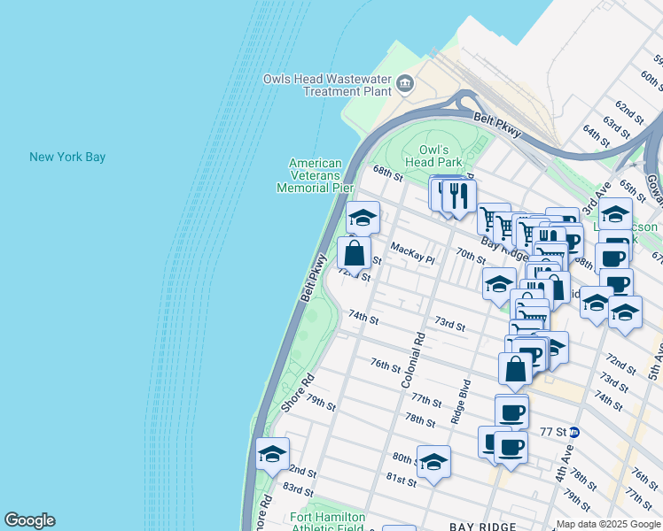 map of restaurants, bars, coffee shops, grocery stores, and more near 7106 Shore Road in Brooklyn