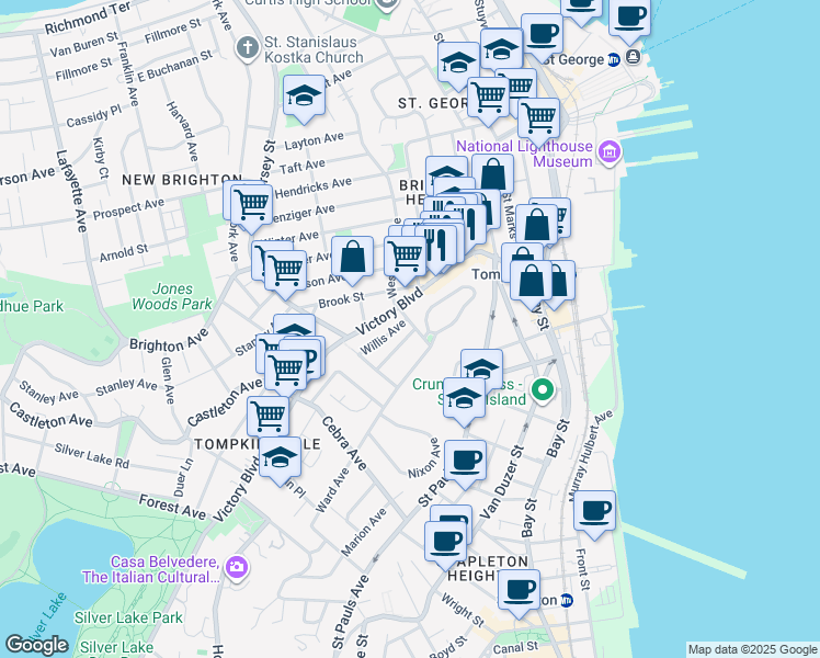 map of restaurants, bars, coffee shops, grocery stores, and more near 190 Victory Boulevard in Staten Island