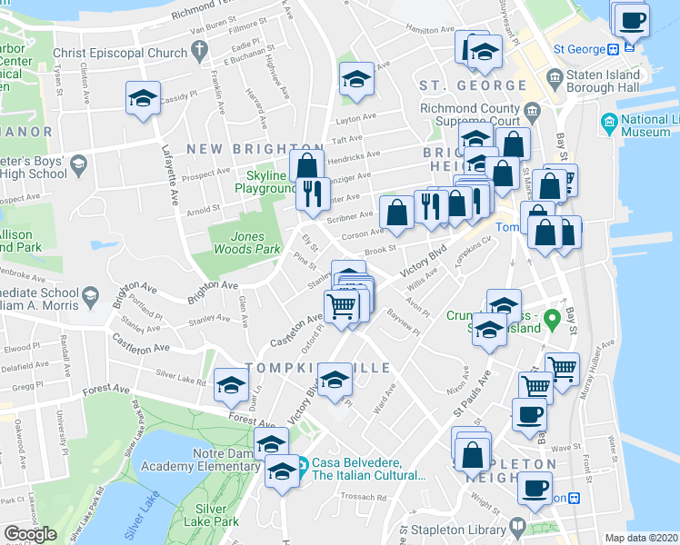 map of restaurants, bars, coffee shops, grocery stores, and more near 11 Stanley Avenue in Staten Island