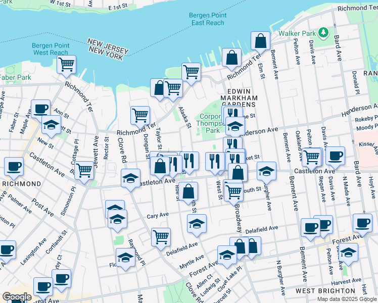 map of restaurants, bars, coffee shops, grocery stores, and more near 35 1/2 Barker Street in Staten Island