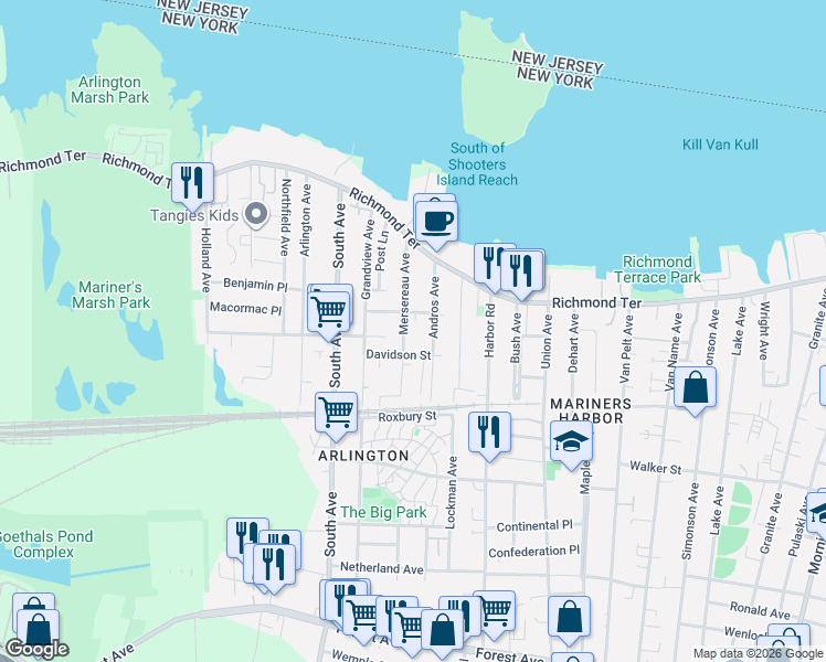 map of restaurants, bars, coffee shops, grocery stores, and more near 38 Christopher Street in Staten Island
