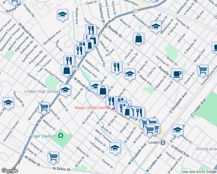 map of restaurants, bars, coffee shops, grocery stores, and more near 113 East Curtis Street in Linden