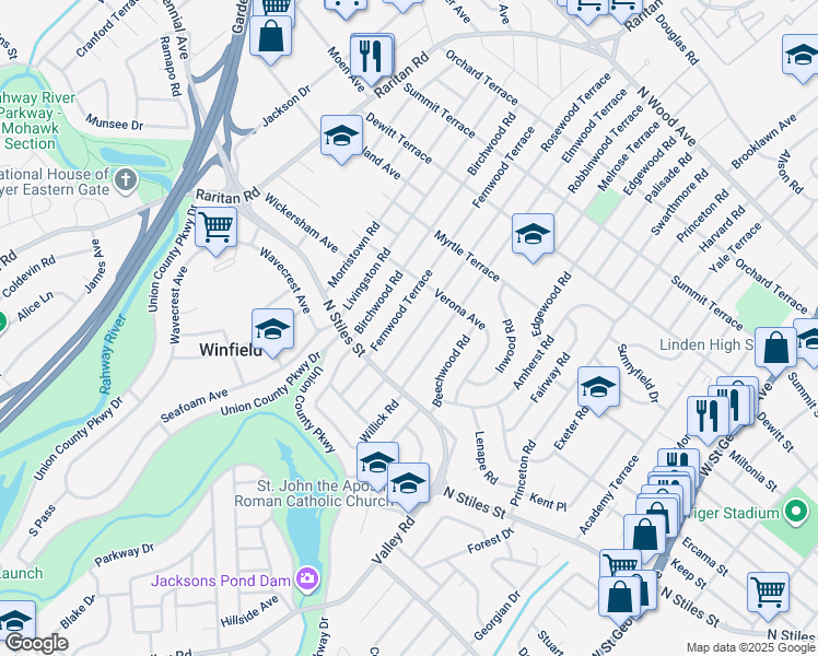 map of restaurants, bars, coffee shops, grocery stores, and more near 537 Fernwood Terrace in Linden