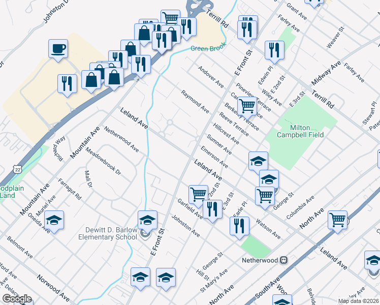 map of restaurants, bars, coffee shops, grocery stores, and more near 26 Leland Avenue in Plainfield