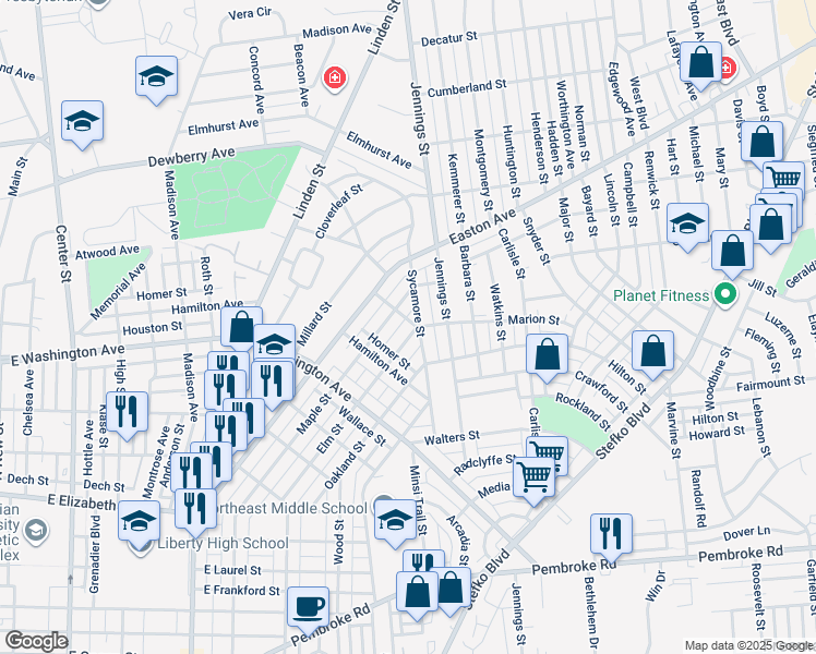 map of restaurants, bars, coffee shops, grocery stores, and more near 1745 Elm Street in Bethlehem