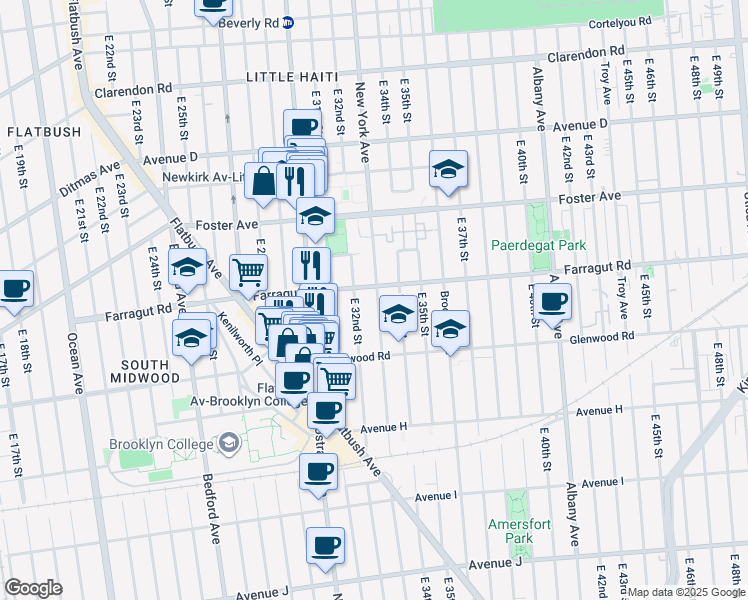 map of restaurants, bars, coffee shops, grocery stores, and more near 1508 New York Avenue in Brooklyn