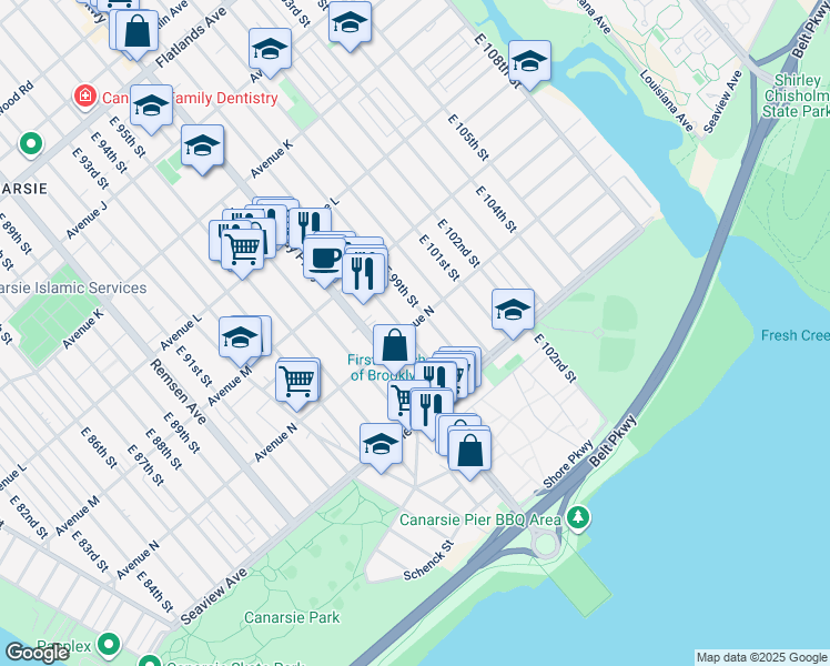map of restaurants, bars, coffee shops, grocery stores, and more near 9820 Avenue North in Brooklyn
