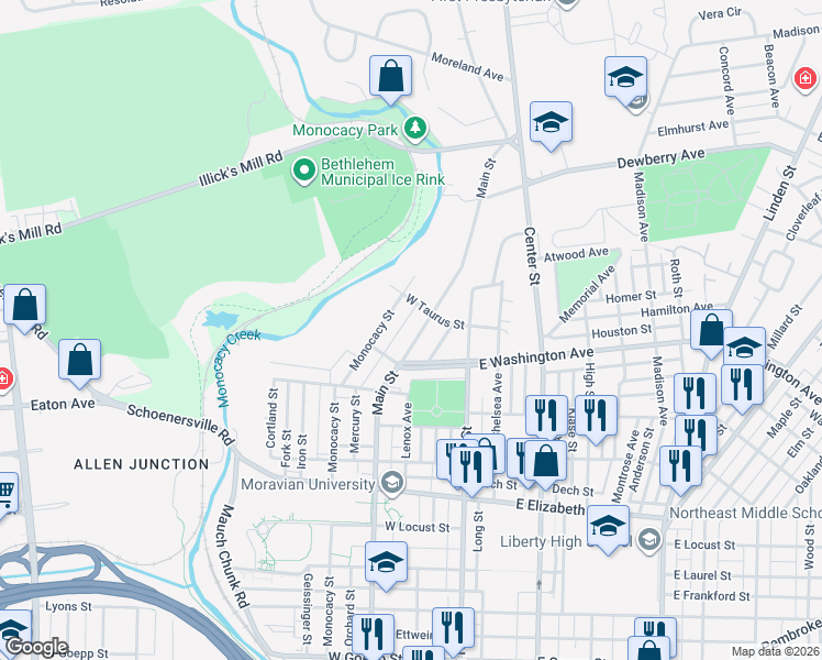 map of restaurants, bars, coffee shops, grocery stores, and more near 1725 Main Street in Bethlehem