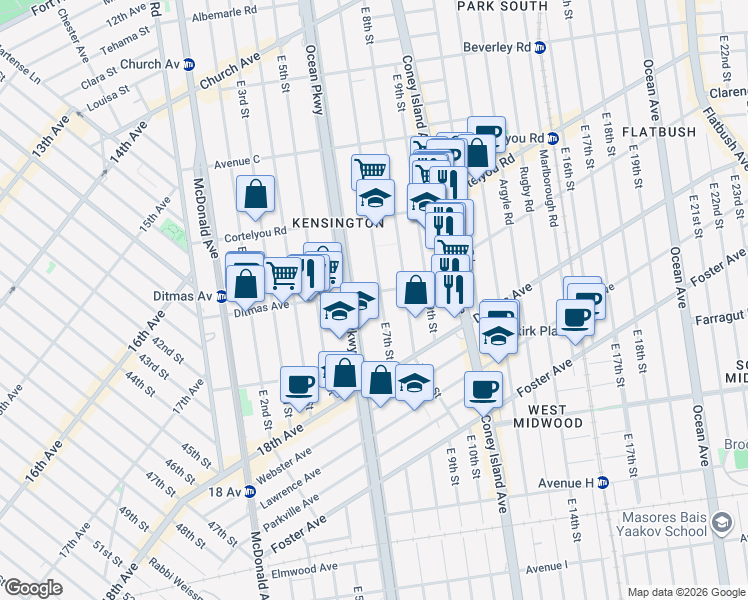 map of restaurants, bars, coffee shops, grocery stores, and more near 640 Ditmas Avenue in Brooklyn