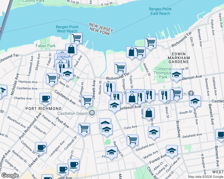map of restaurants, bars, coffee shops, grocery stores, and more near 83 Bodine Street in Staten Island