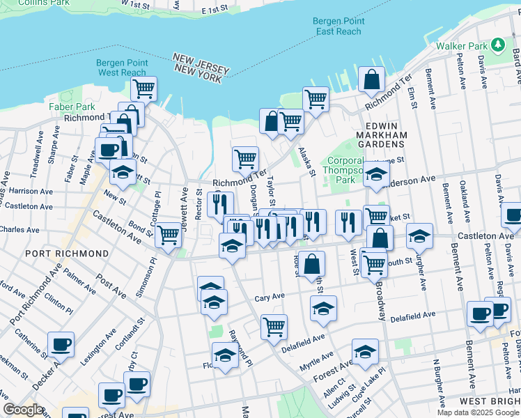 map of restaurants, bars, coffee shops, grocery stores, and more near 33 Dongan Street in Staten Island