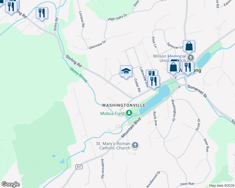 map of restaurants, bars, coffee shops, grocery stores, and more near 246 Stirling Road in Watchung