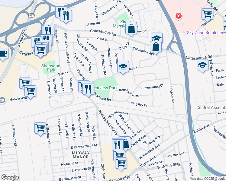 map of restaurants, bars, coffee shops, grocery stores, and more near 2070 Kensington Road in Bethlehem