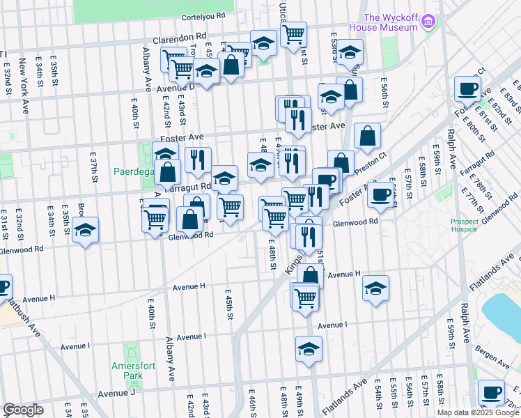 map of restaurants, bars, coffee shops, grocery stores, and more near 1021 East 48th Street in Brooklyn