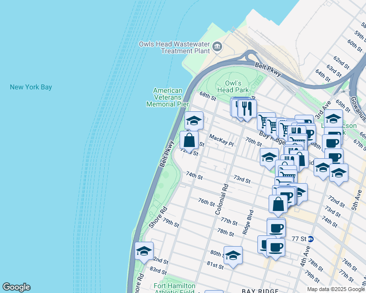 map of restaurants, bars, coffee shops, grocery stores, and more near 7106 Shore Road in Brooklyn