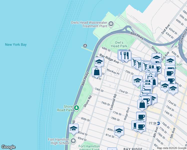 map of restaurants, bars, coffee shops, grocery stores, and more near 7119 Shore Road in Brooklyn