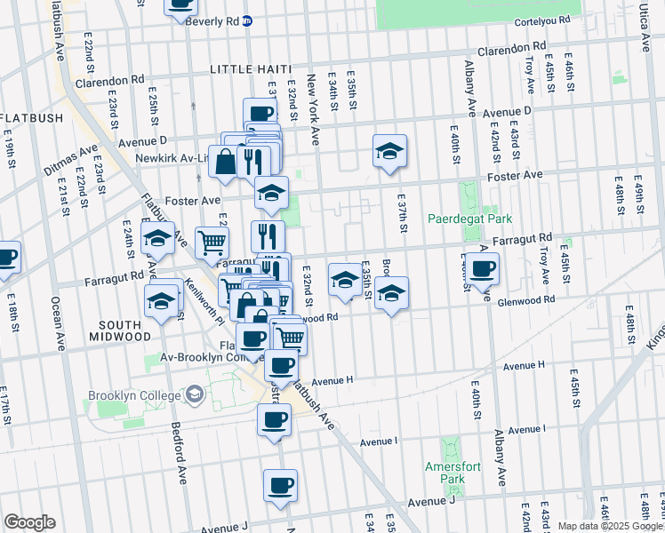 map of restaurants, bars, coffee shops, grocery stores, and more near 1503 New York Avenue in Brooklyn