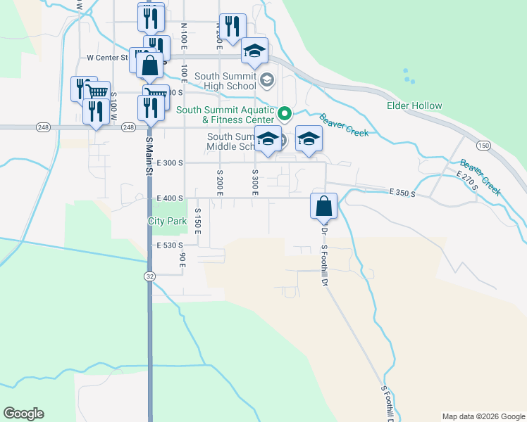map of restaurants, bars, coffee shops, grocery stores, and more near 285 East 400 South in Kamas