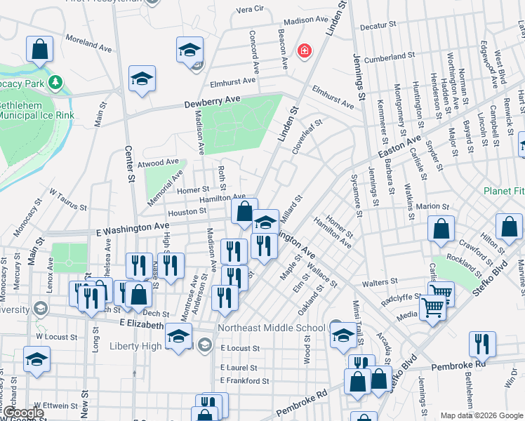 map of restaurants, bars, coffee shops, grocery stores, and more near 1628 Linden Street in Bethlehem