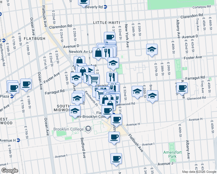 map of restaurants, bars, coffee shops, grocery stores, and more near 2905 Farragut Road in Brooklyn