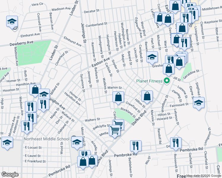 map of restaurants, bars, coffee shops, grocery stores, and more near 1721 Carlisle Street in Bethlehem