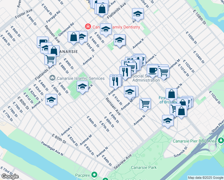 map of restaurants, bars, coffee shops, grocery stores, and more near 1409 East 92nd Street in Brooklyn