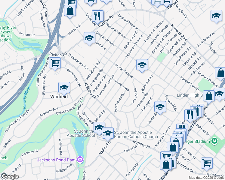 map of restaurants, bars, coffee shops, grocery stores, and more near 507 Rosewood Terrace in Linden