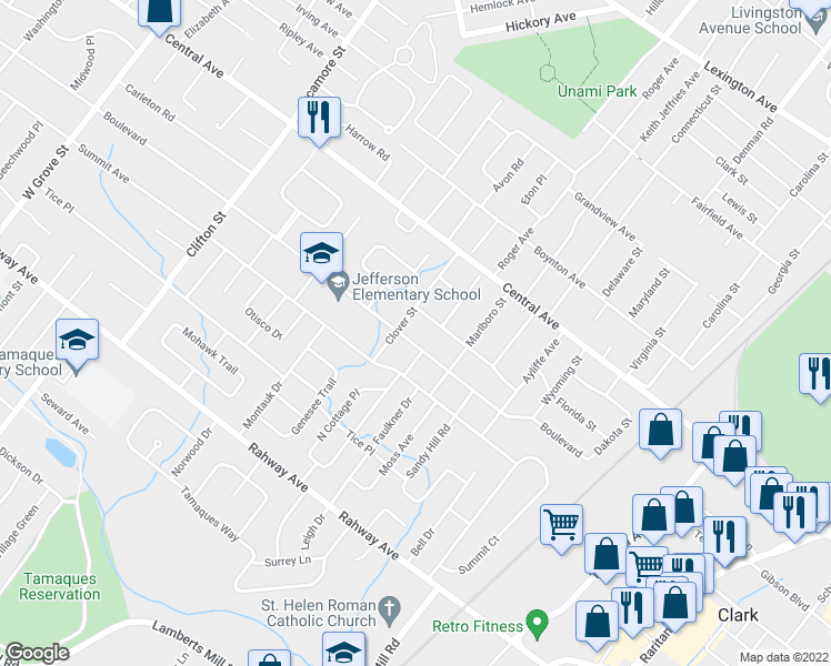 map of restaurants, bars, coffee shops, grocery stores, and more near 1306 Pinegrove Avenue in Westfield