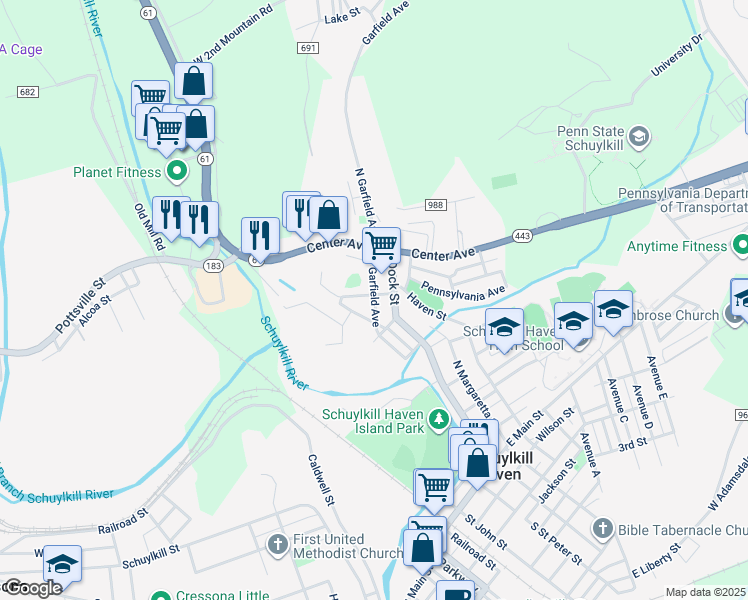 map of restaurants, bars, coffee shops, grocery stores, and more near 107 Willow Street in Schuylkill Haven