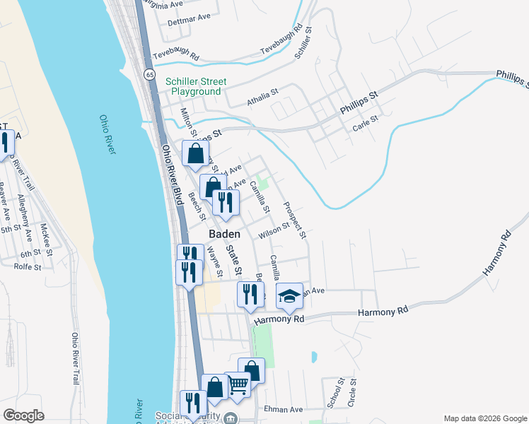 map of restaurants, bars, coffee shops, grocery stores, and more near 389 Camilla Street in Baden