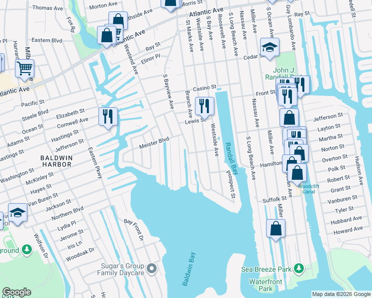map of restaurants, bars, coffee shops, grocery stores, and more near 630 South Bayview Avenue in Freeport