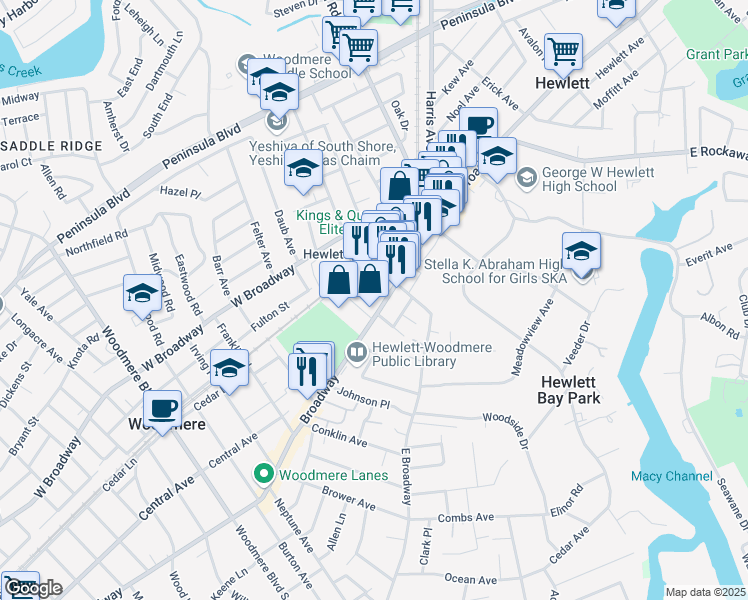 map of restaurants, bars, coffee shops, grocery stores, and more near 1176 Broadway in Hewlett