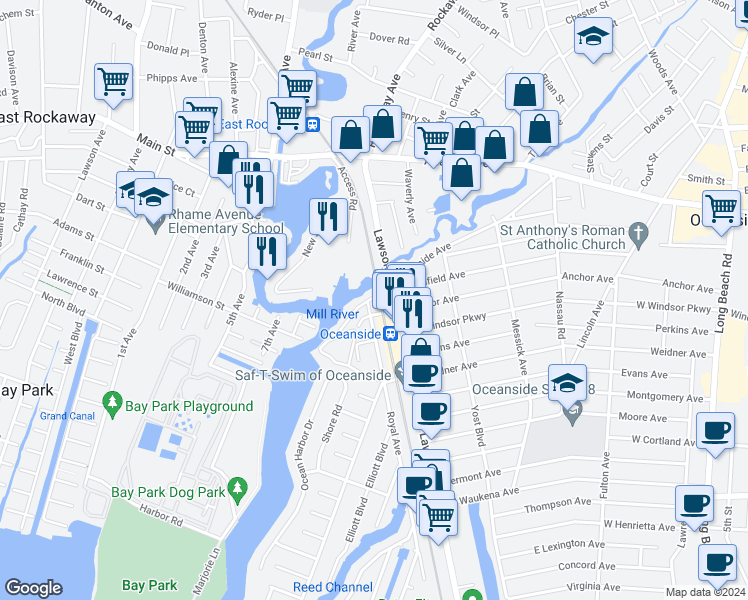 map of restaurants, bars, coffee shops, grocery stores, and more near 452 Albern Avenue in Oceanside