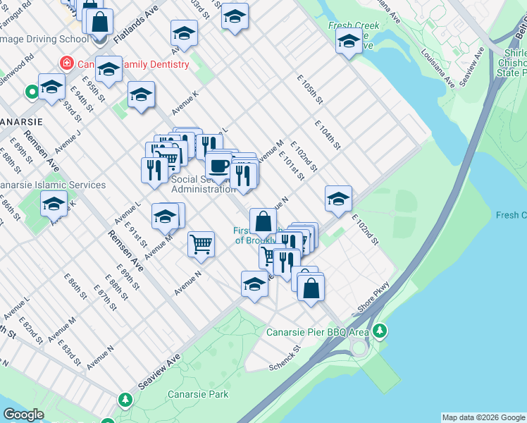 map of restaurants, bars, coffee shops, grocery stores, and more near 1510 East 98th Street in Brooklyn
