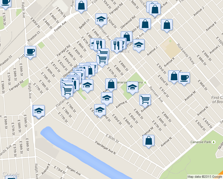 map of restaurants, bars, coffee shops, grocery stores, and more near 985 East 85th Street in Brooklyn
