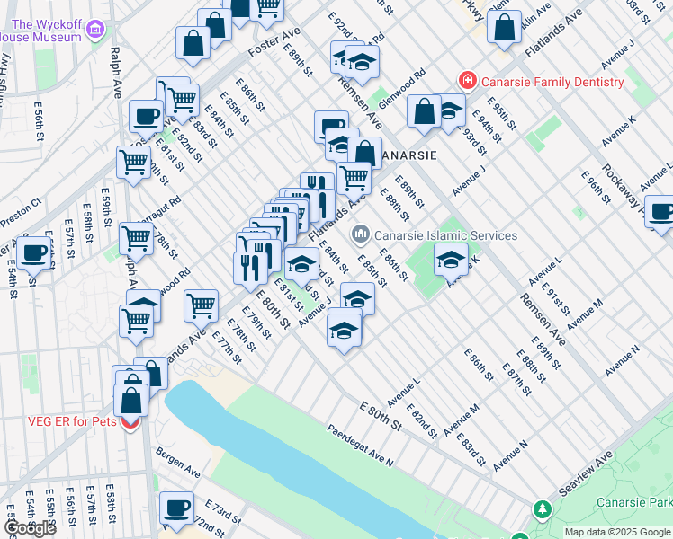 map of restaurants, bars, coffee shops, grocery stores, and more near 942 East 84th Street in Brooklyn
