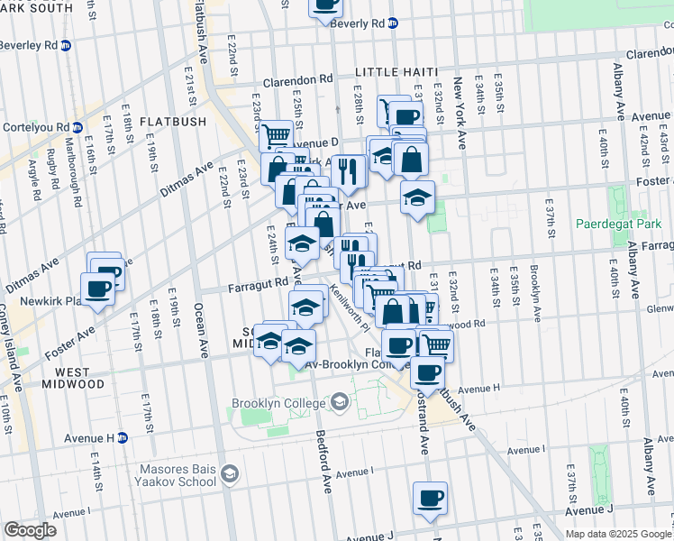 map of restaurants, bars, coffee shops, grocery stores, and more near 1401 Flatbush Avenue in Brooklyn