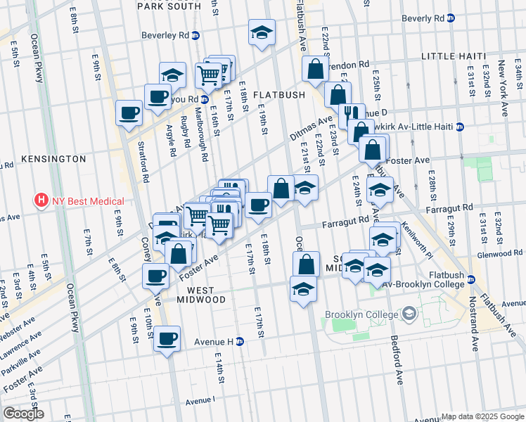 map of restaurants, bars, coffee shops, grocery stores, and more near 1818 Newkirk Avenue in Brooklyn