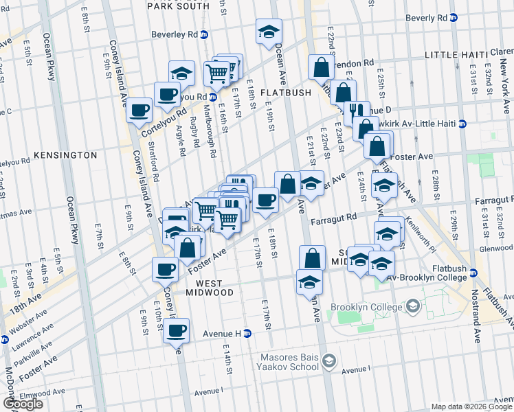 map of restaurants, bars, coffee shops, grocery stores, and more near 1818 Newkirk Avenue in Brooklyn