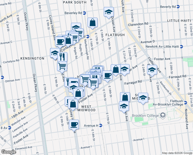 map of restaurants, bars, coffee shops, grocery stores, and more near 580 East 17th Street in Brooklyn