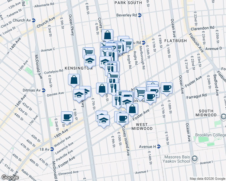 map of restaurants, bars, coffee shops, grocery stores, and more near 860 Coney Island Avenue in Brooklyn