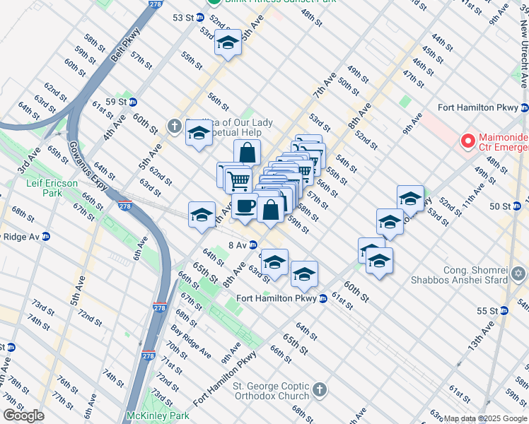 map of restaurants, bars, coffee shops, grocery stores, and more near 750 59th Street in Brooklyn