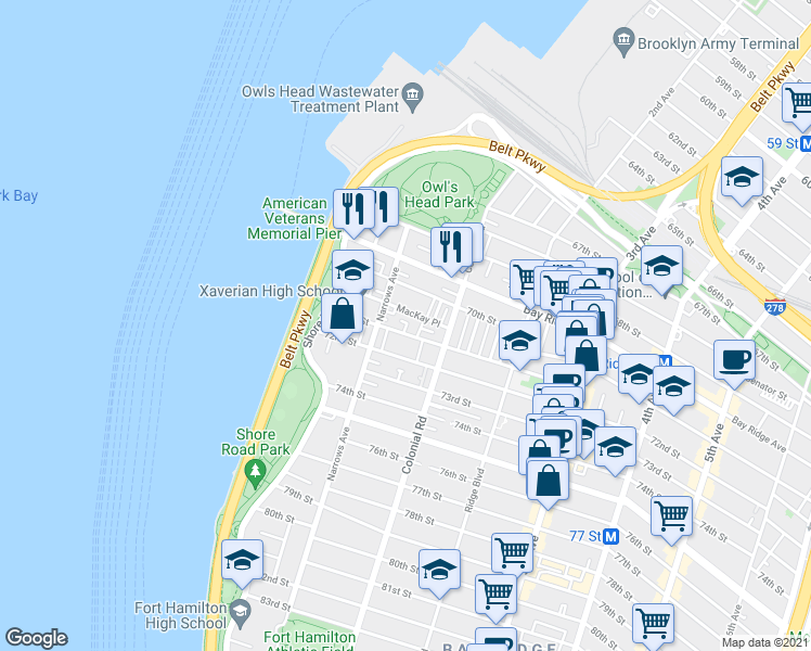 map of restaurants, bars, coffee shops, grocery stores, and more near 54 MacKay Place in Brooklyn