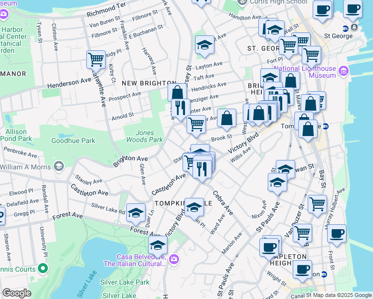 map of restaurants, bars, coffee shops, grocery stores, and more near 11 Stanley Avenue in Staten Island