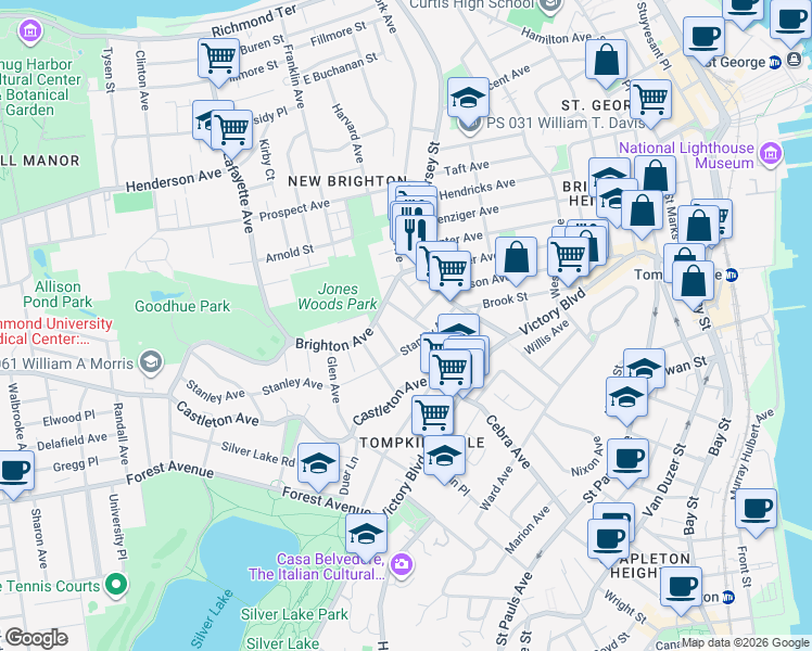 map of restaurants, bars, coffee shops, grocery stores, and more near 19 Pine Street in Staten Island