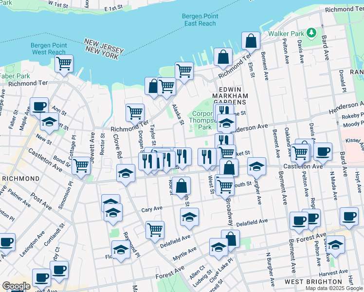 map of restaurants, bars, coffee shops, grocery stores, and more near 35 1/2 Barker Street in Staten Island