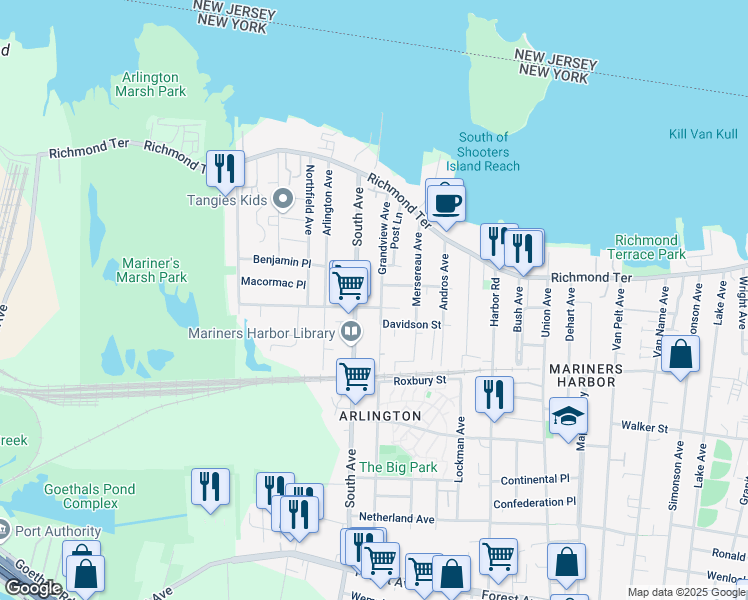 map of restaurants, bars, coffee shops, grocery stores, and more near 139 South Avenue in Staten Island